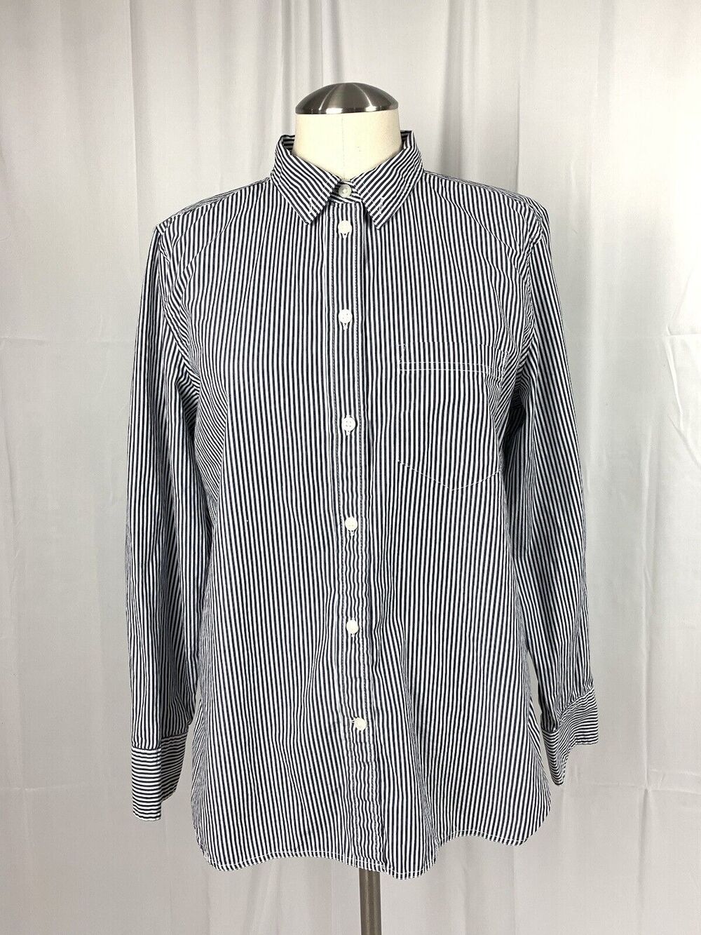 J. Crew Womans Classic-fit Cotton Poplin Button Up Shirt Navy Blue Stripe Size 8